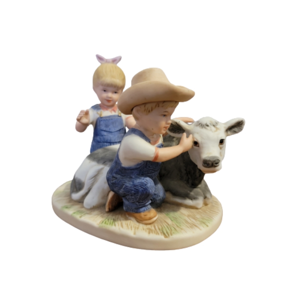Homco Denim Days Kids with Cow/Calf 1985, The New Calf #8878, Home Interiors